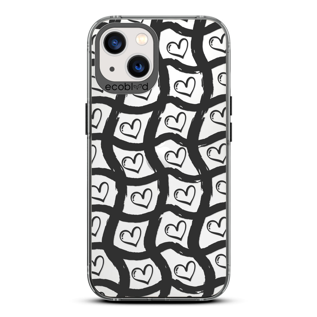 Love Collection - Black Compostable iPhone 13 Case - Wavy Paint Stroke Checker Print With Hearts On A Clear Back