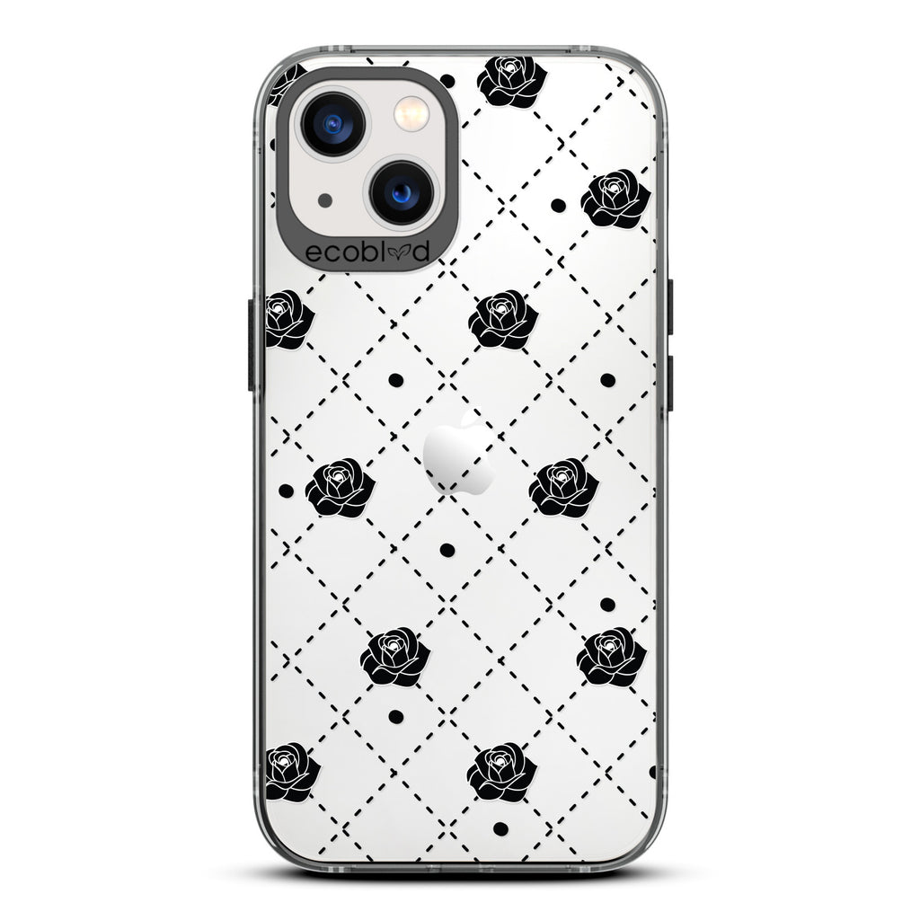 Love Collection - Black Compostable iPhone 13 Case - Argyle Print, Black Dots & Black Roses On A Clear Back