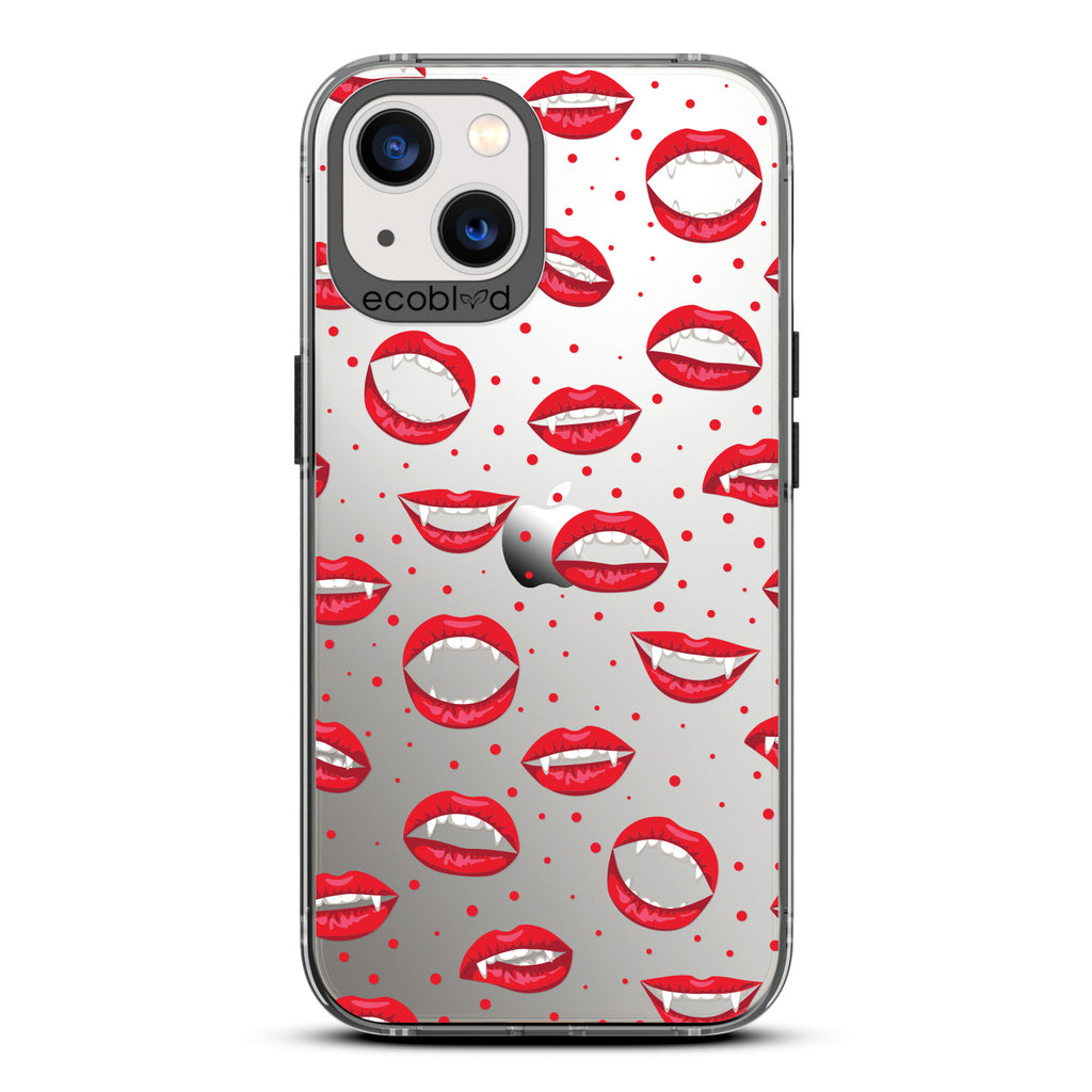 Halloween Collection - Black Laguna iPhone 13 Case With Red Lips And Vampire Fangs On A Clear Back - Compostable