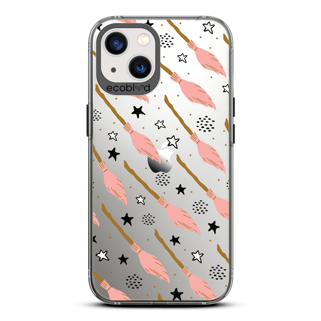 Halloween Collection - Black Eco-Friendly Laguna iPhone 13 Case With Pink Witch's Brooms And Stars On A Clear Back 
