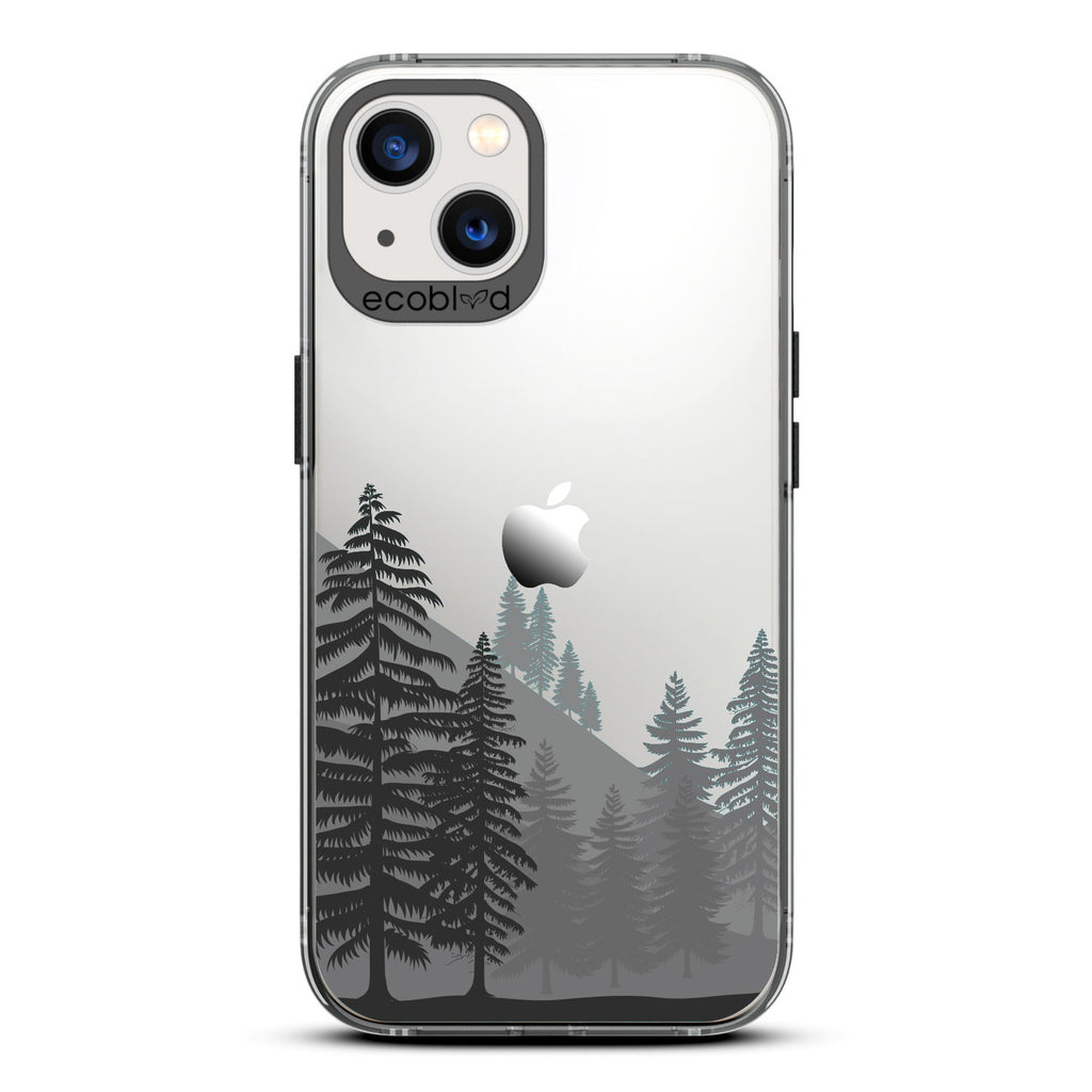 Laguna Collection - Black Compostable iPhone 13 Case With A Minimalist Mountainside Pine Tree Forest On A Clear Back 