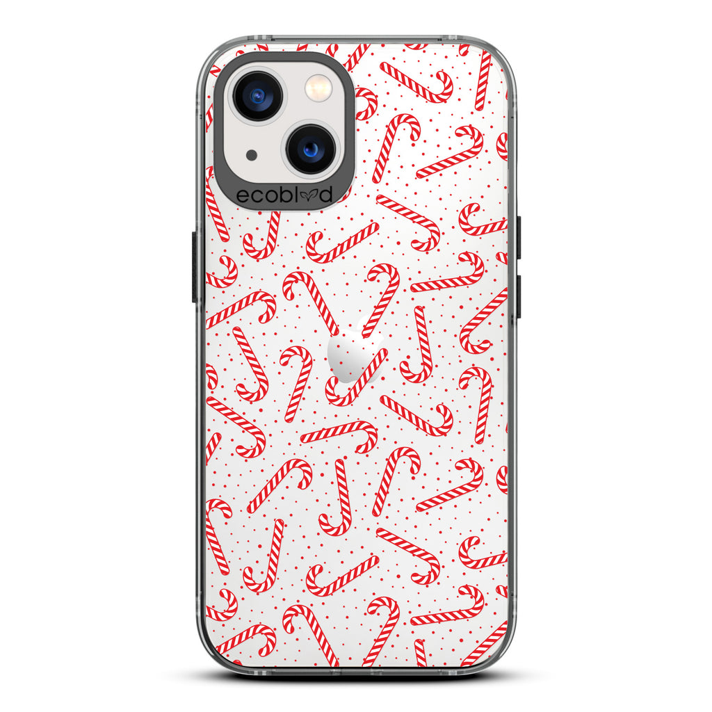 Winter Collection - Black Laguna Eco-Friendly iPhone 13 Case With Red & White Candy Canes, Red Dots On A Clear Back