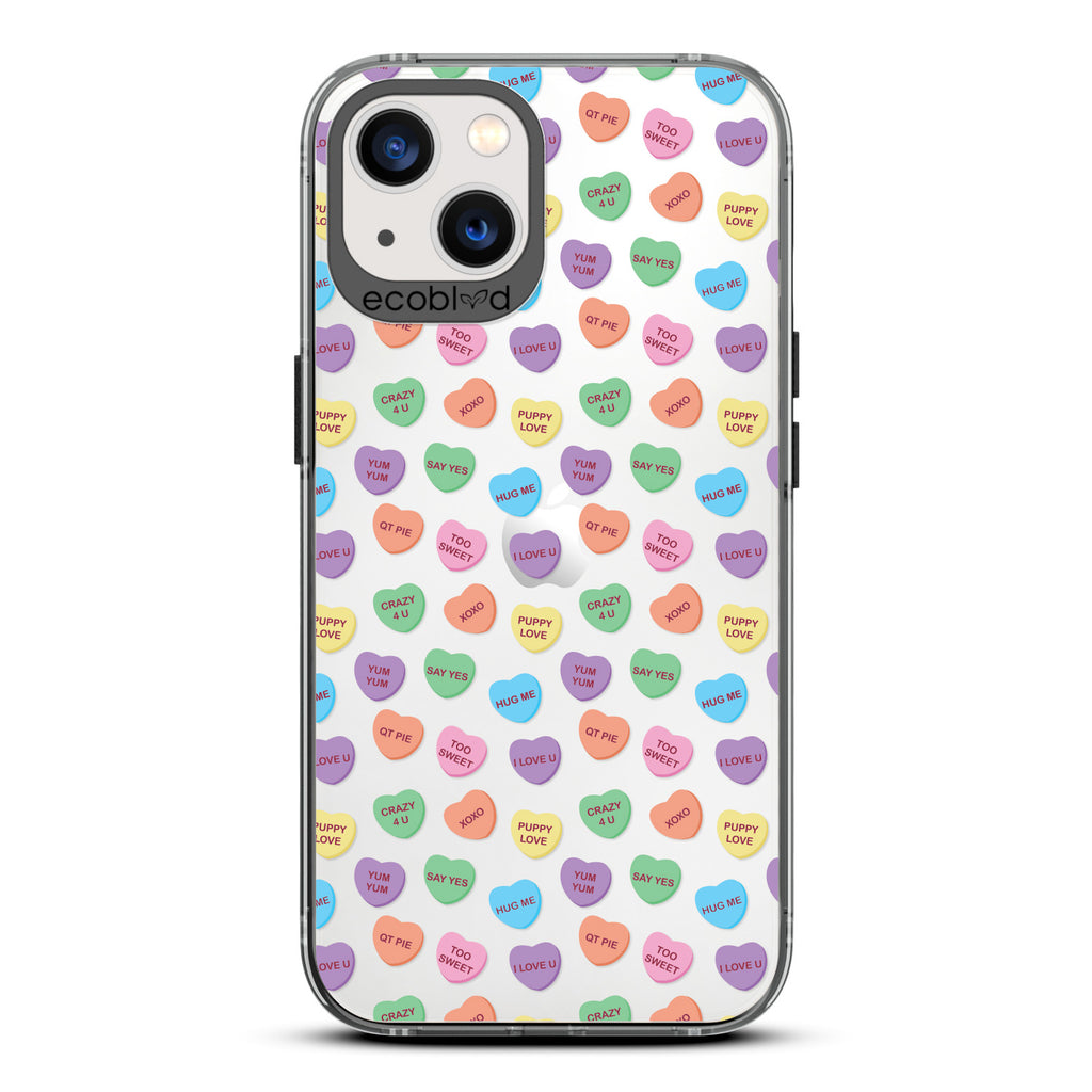 Love Collection - Black Compostable iPhone 13 Case - Pastel Colored Candy Hearts With Romantic Quotes On Clear Back