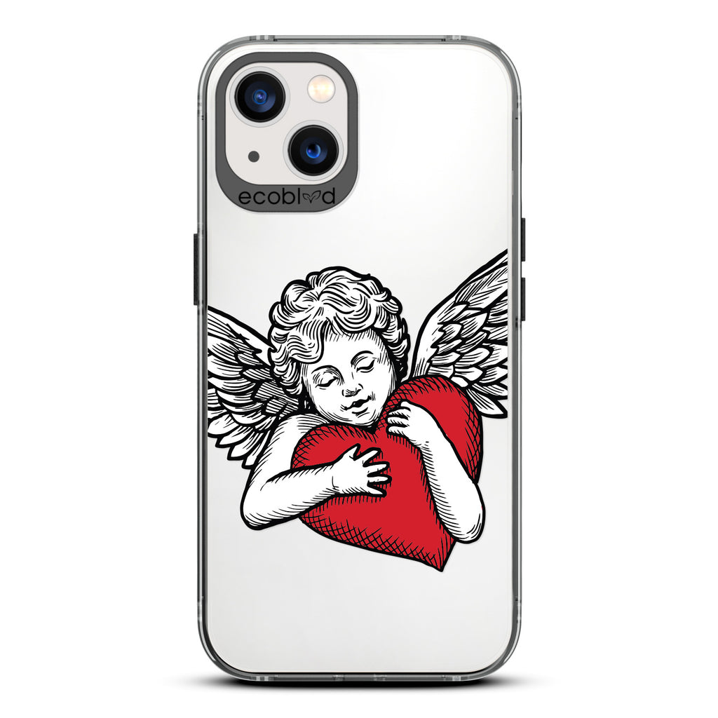 Love Collection - Black Compostable iPhone 13 Case - Black & Grey Tattoo Style Cupid Holding Red Heart On Clear Back