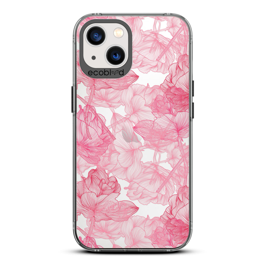 Blushed Pink - Black Compostable iPhone 13 Case - Pink Line Art Style Roses On A Clear Back