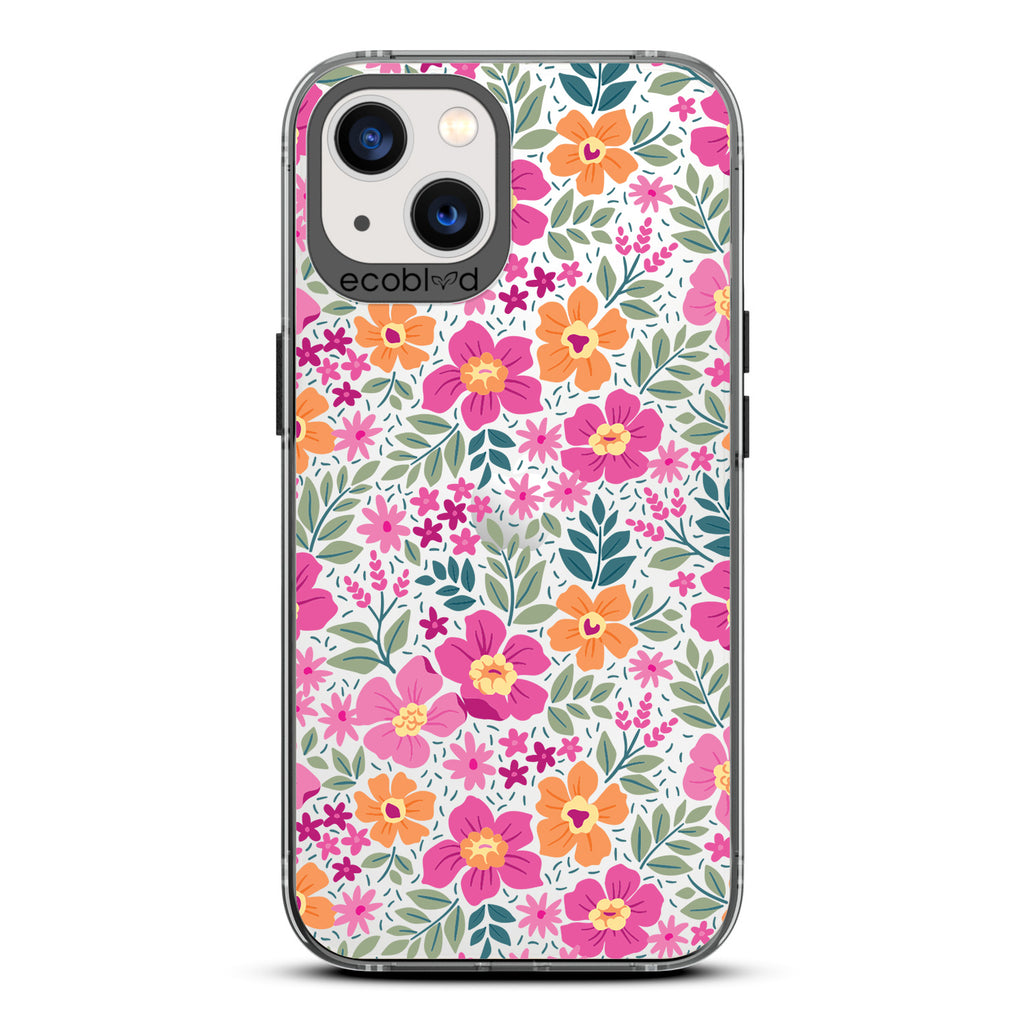 Spring Collection - Black Compostable iPhone 13 Case - Bright, Colorful  Vintage Cartoon Flowers with Leaves On A Clear Back