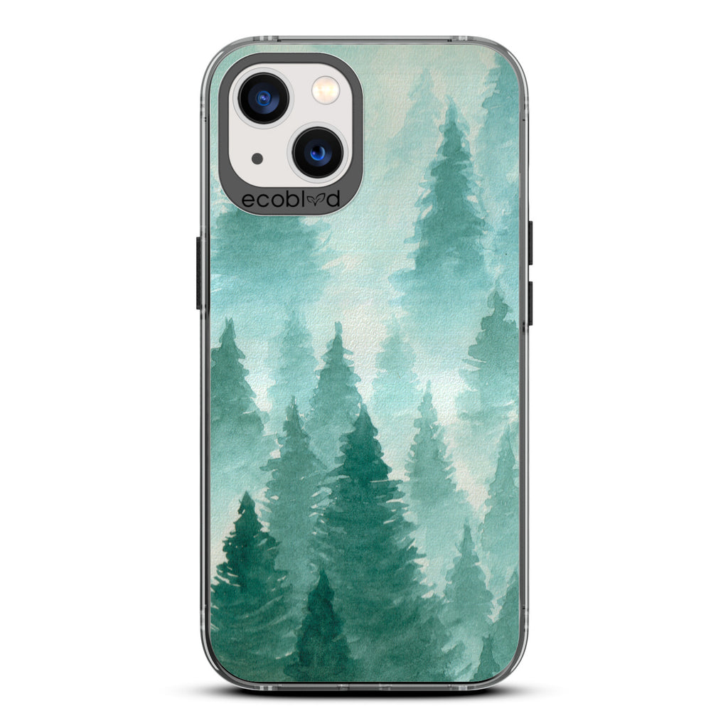 Winter Collection - Black Eco-Friendly Laguna iPhone 13 Case With A Watercolor Pine Tree Forest Print On A Clear Back