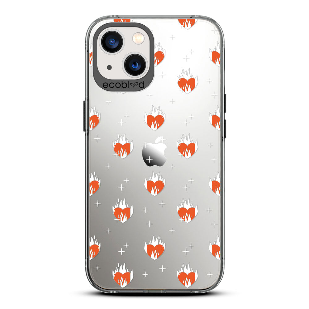 Laguna Collection - Black Eco-Friendly iPhone 13 Case With A Flaming Red Hearts & Stars Pattern On A Clear Back 
