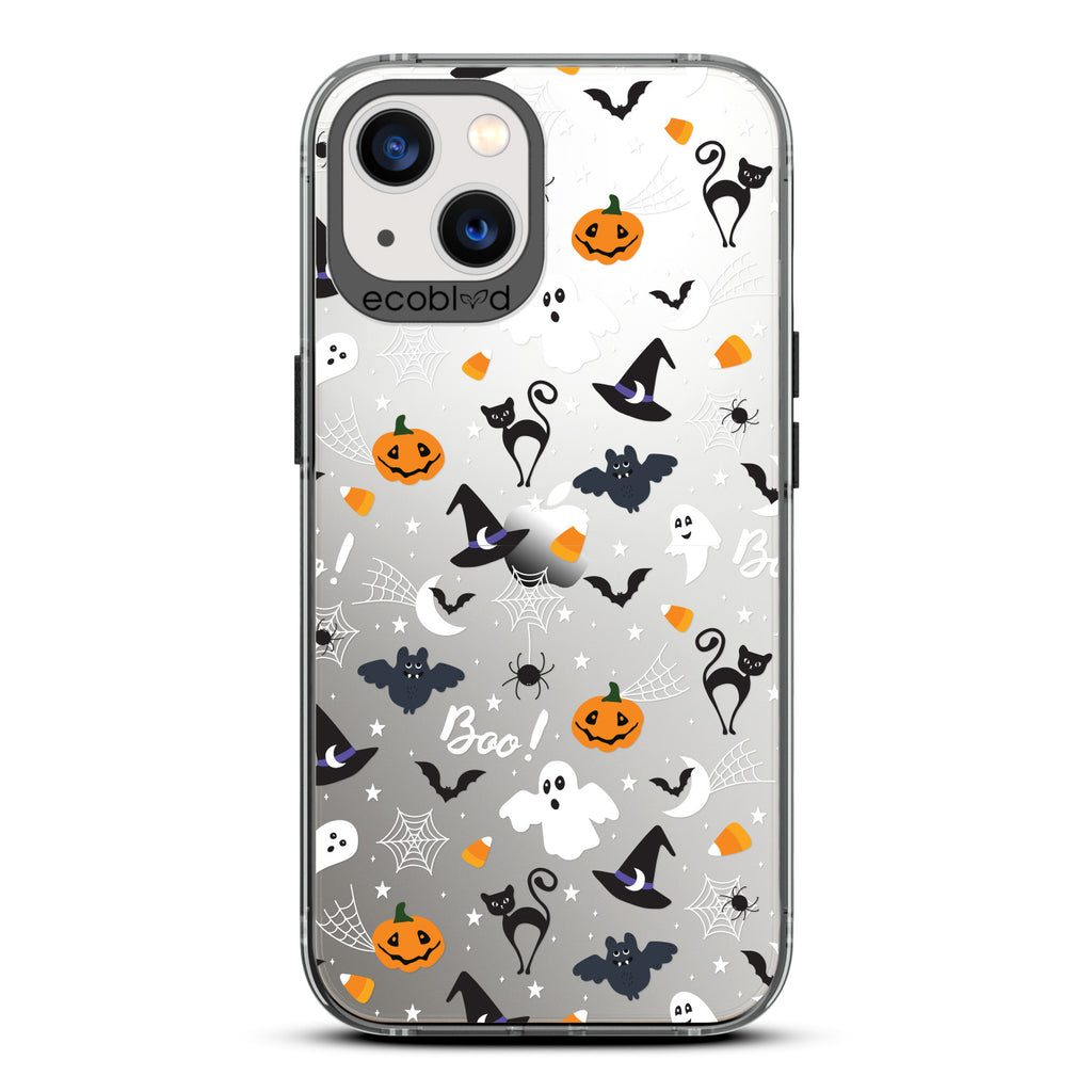 Halloween Collection - Black Laguna iPhone 13 Case With Spiders, Ghosts & Other Spooky Characters On A Clear Back 