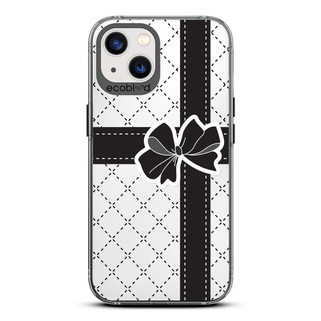 All Wrapped Up - Argyle Print Wrap With Black Ribbon & Black Bow - Eco-Friendly Clear iPhone 13 Case With Black Rim