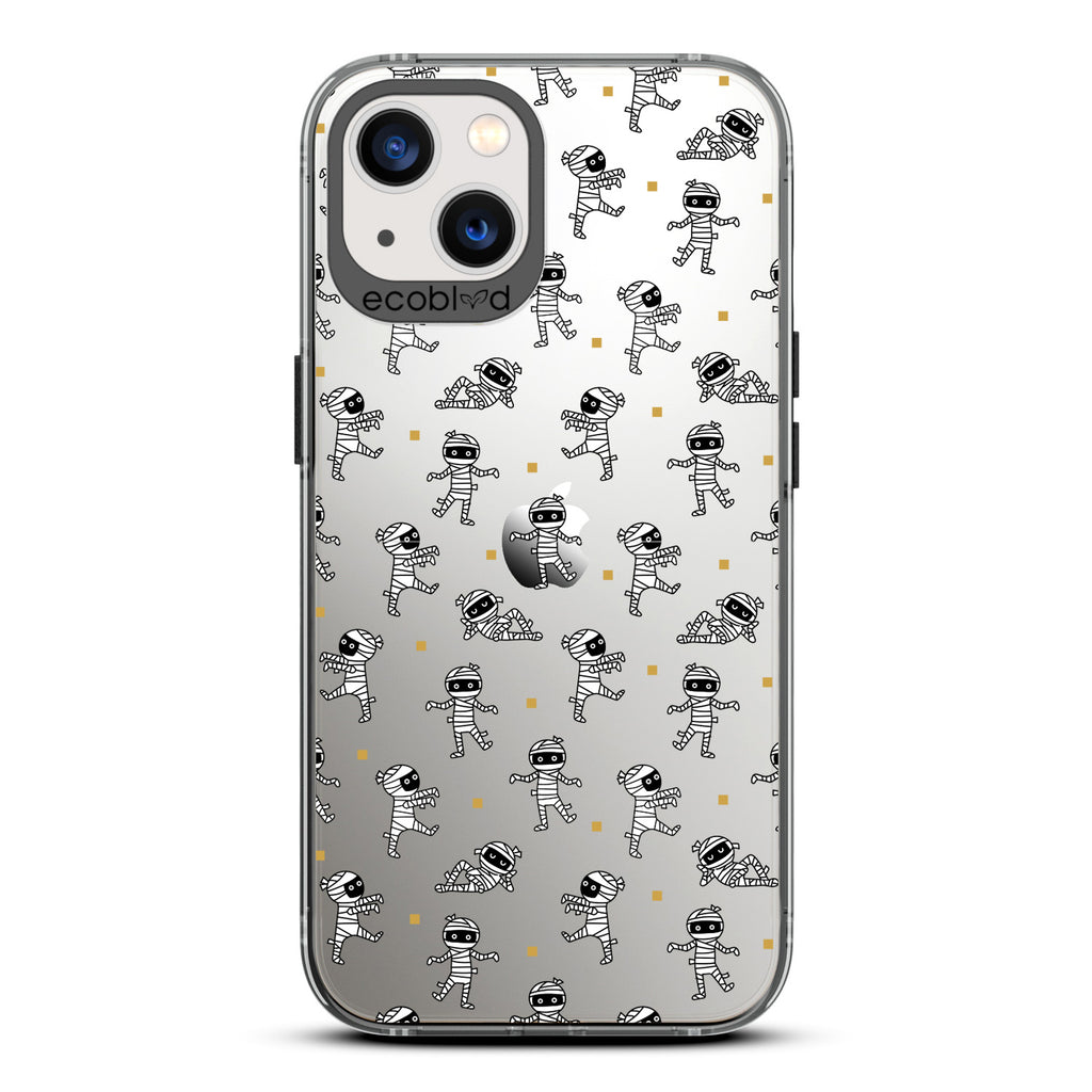 Halloween Collection - Black Laguna iPhone 13 Case With Multiple Cartoon Mummies Walking & Laying On A Clear Back
