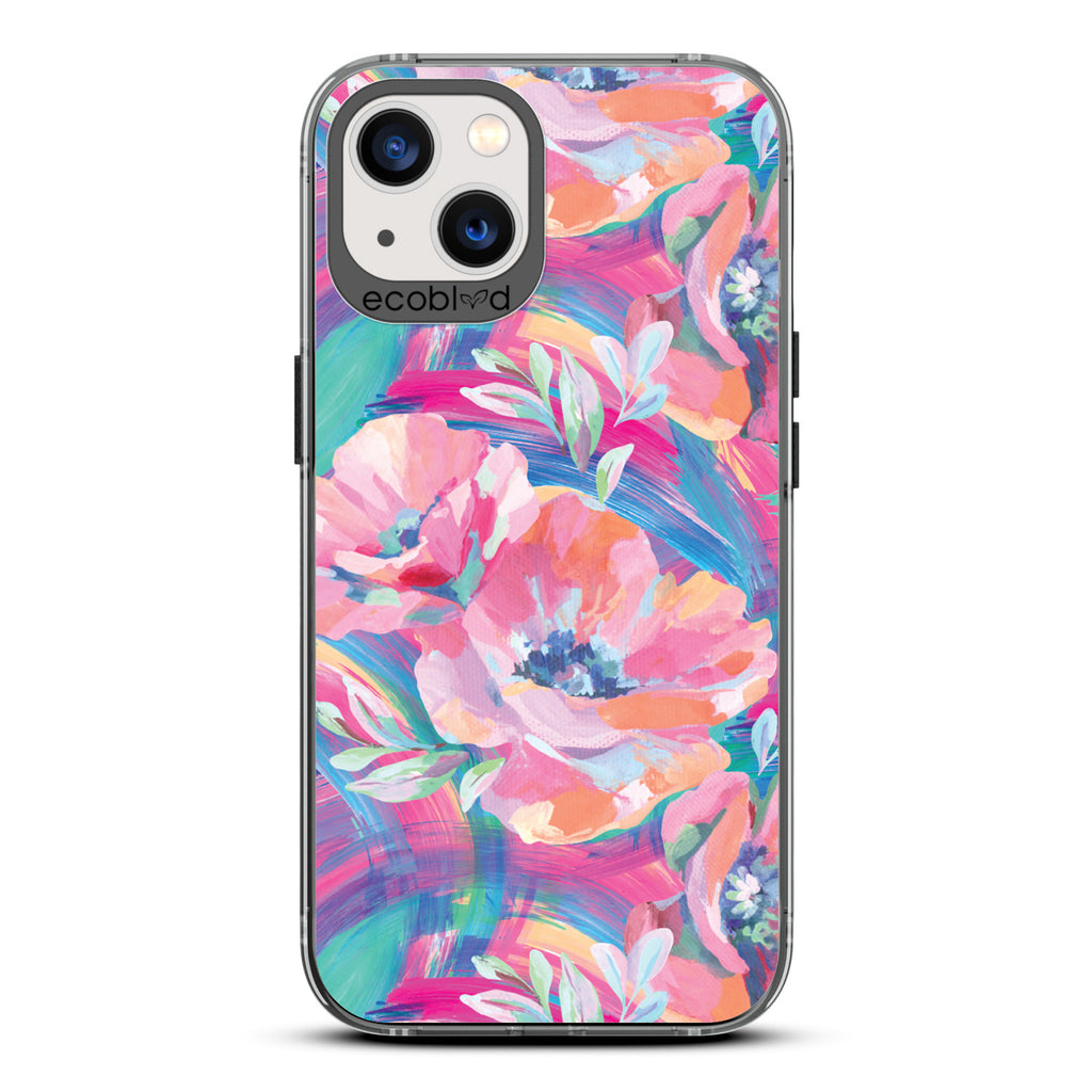 Spring Collection - Black Compostable iPhone 13 Case - Pastel-Colored Abstract Painting Of Poppies On Clear Back