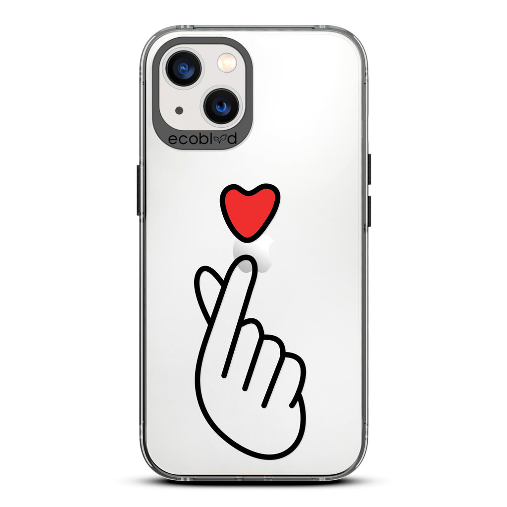 Love Collection - Black  iPhone 13 Case - Red Heart Above Hand With Index Finger & Thumb Crossed On A Clear Back