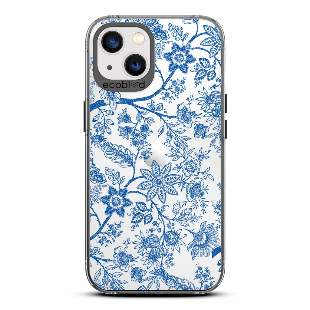 Timeless Collection - Black Laguna Eco-Friendly iPhone 13 Case With Blue Toile De Jouy Floral Pattern On A Clear Back