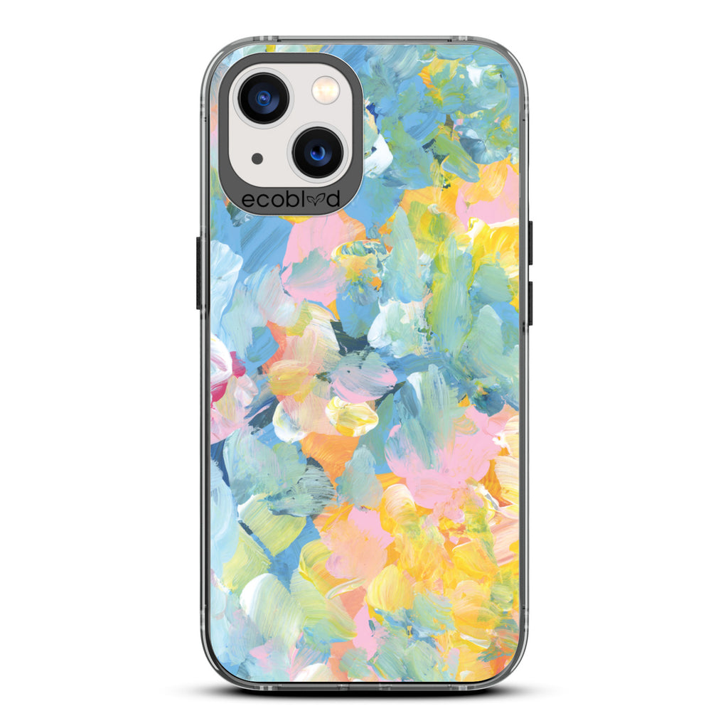 Spring Collection - Black Compostable iPhone 13 Case - Pastel Acrylic Abstract Paint Smears & Blots On A Clear Back