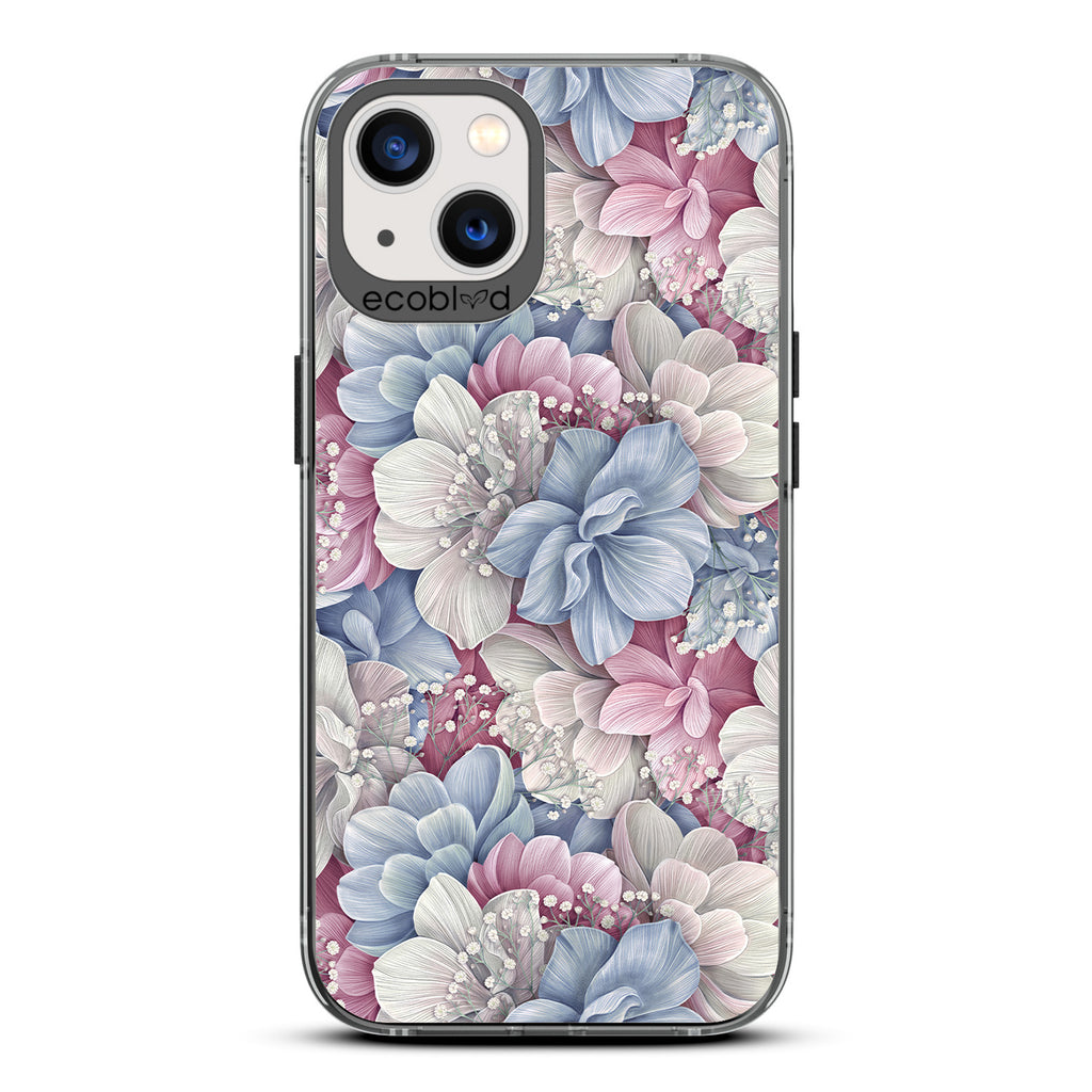 Spring Collection - Black Compostable iPhone 13 Case - Dewey Pastel-Colored Watercolor Hydrangeas On A Clear Back
