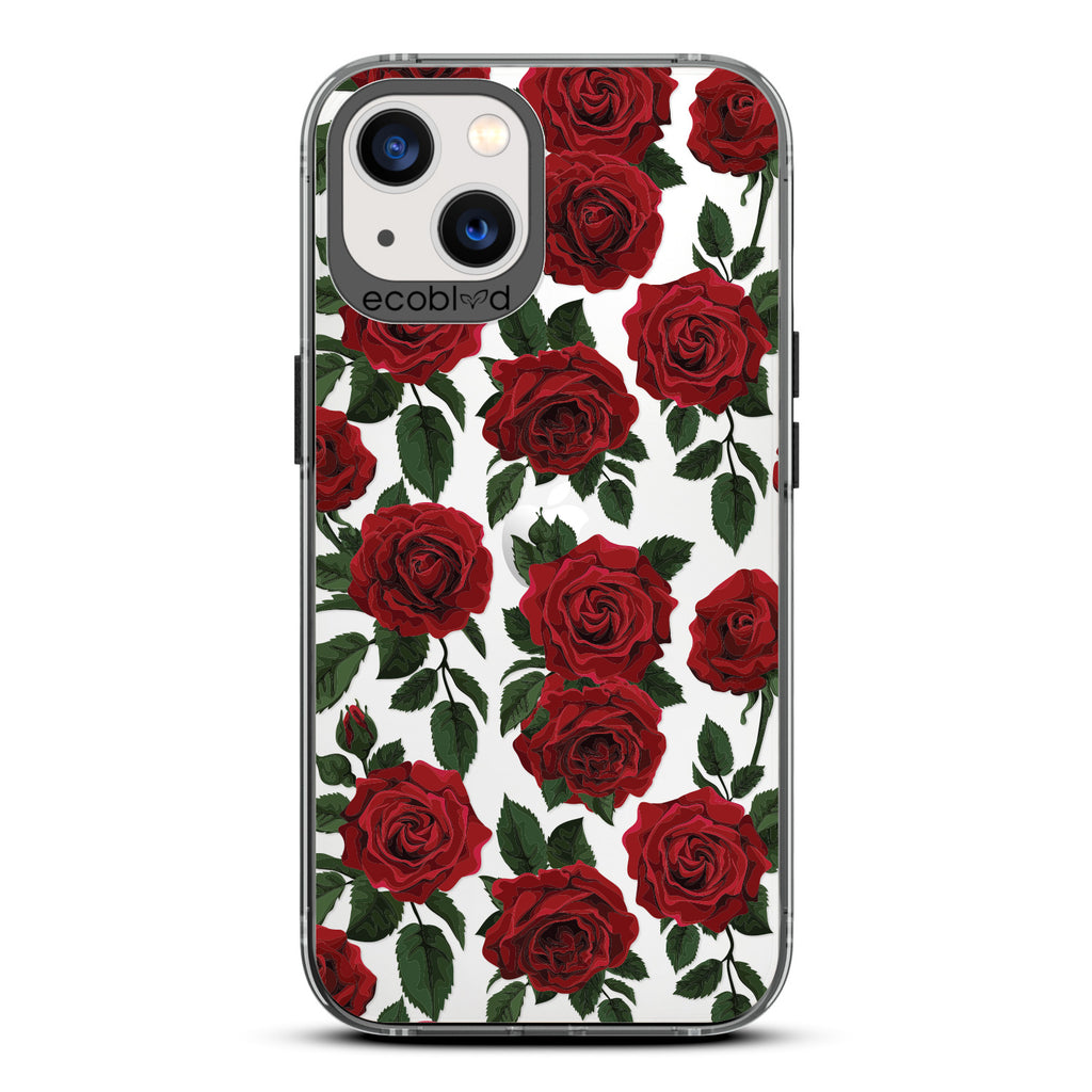 Love Collection - Black Compostable iPhone 13 Case - Red Roses & Leaves On A Clear Back