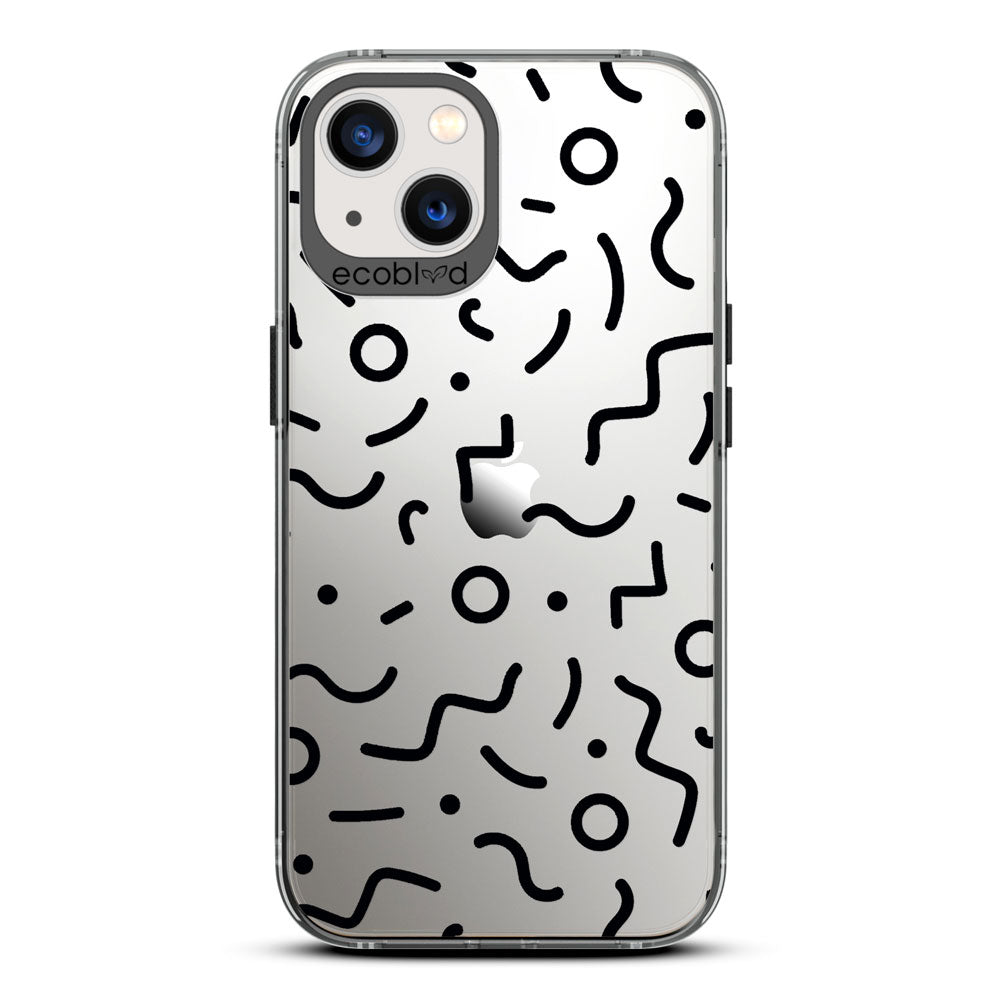 90's Kids - Black Eco-Friendly iPhone 13 Case with Retro 90's Lines & Squiggles On A Clear Back