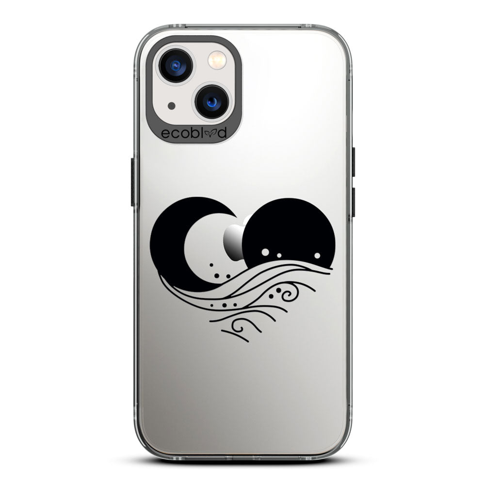 Laguna Collection - Black Compostable iPhone 13 Case With The Sun, Moon & A Wave Forming A Heart On A Clear Back