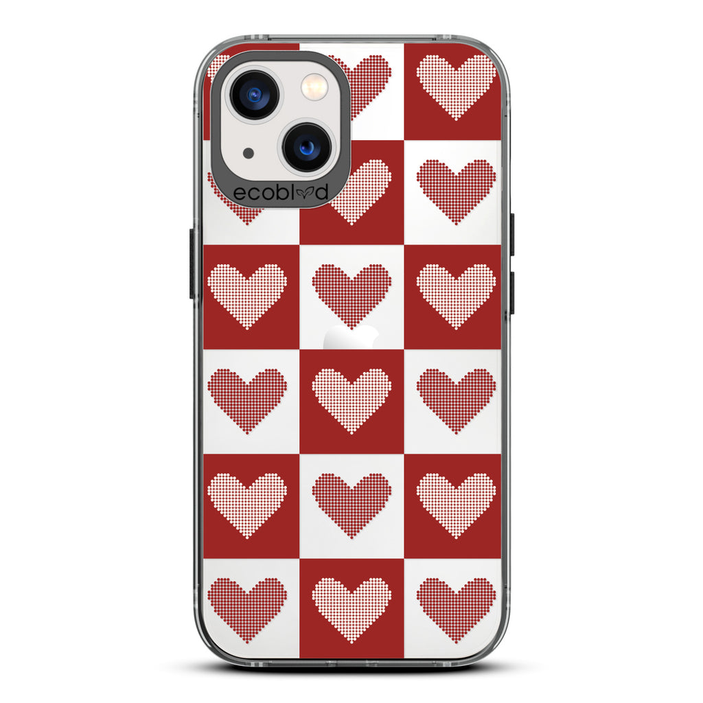 Love Collection - Black Compostable iPhone 13 Case - Red Checkered Print With Knitted Hearts On A Clear Back