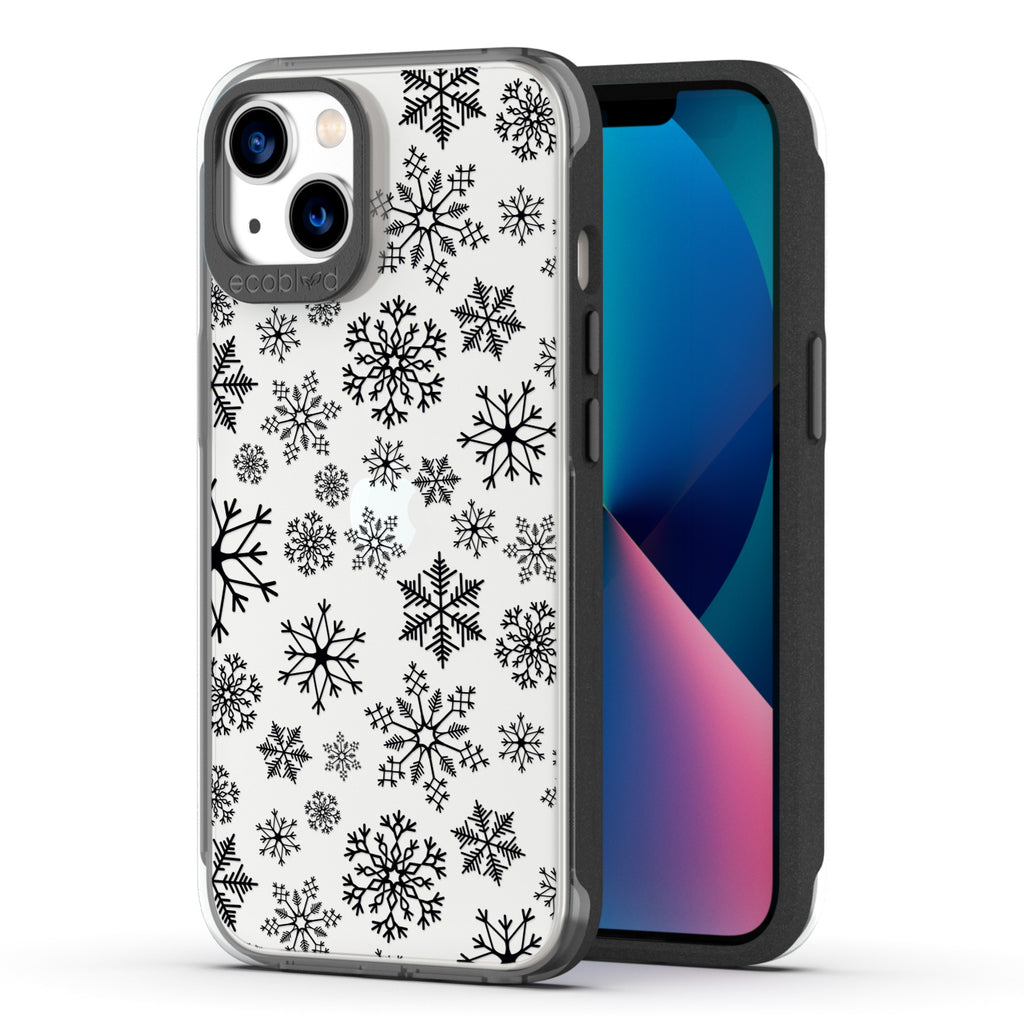 Back View Of Eco-Friendly Black Phone 13 Winter Laguna Case With The Let It Snow Design & Front View Of The Screen