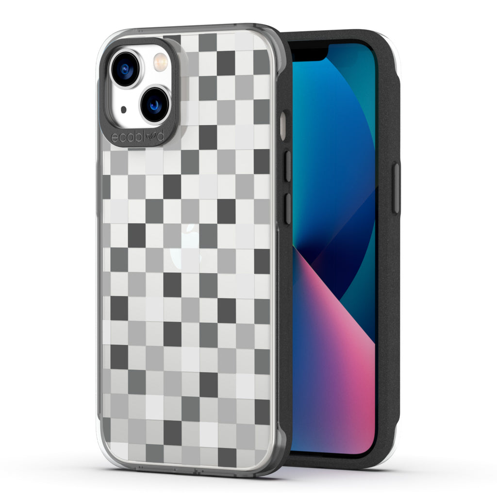 Back View Of The Black iPhone 13 Laguna Case With The Checkered Print Design On A Clear Back And Frontal View Of The Screen
