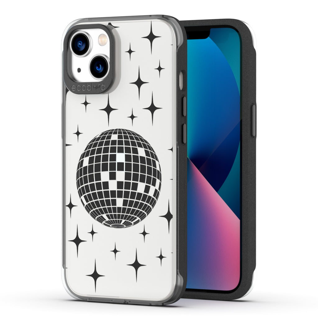 Back View Of Black Compostable iPhone 13 Clear Case With The Disco With The Flow Design & Front View Of Screen