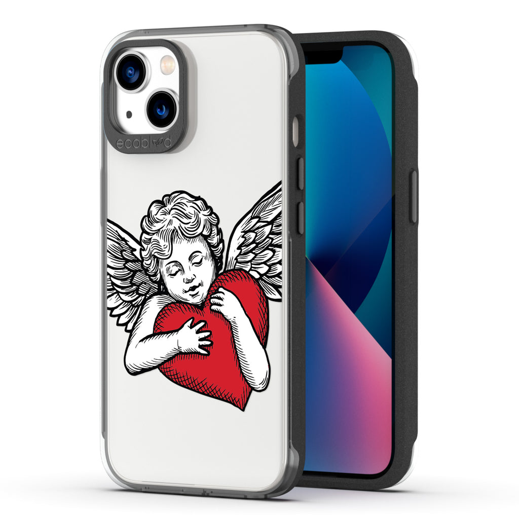 Back View Of Black Eco-Friendly iPhone 13 Clear Case With The Cupid Design & Front View Of Screen