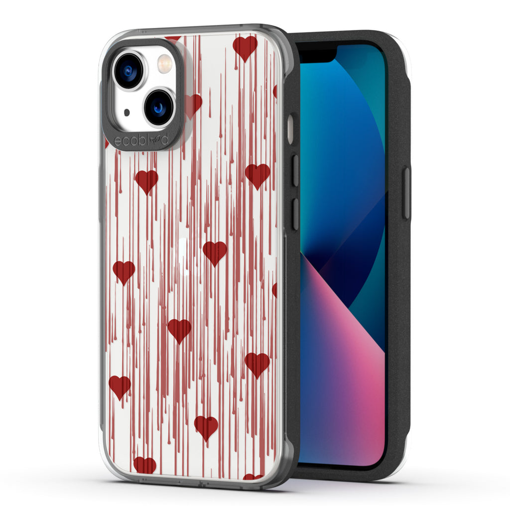 Back View Of Black Eco-Friendly iPhone 13 Clear Case With The Bleeding Hearts Design & Front View Of Screen
