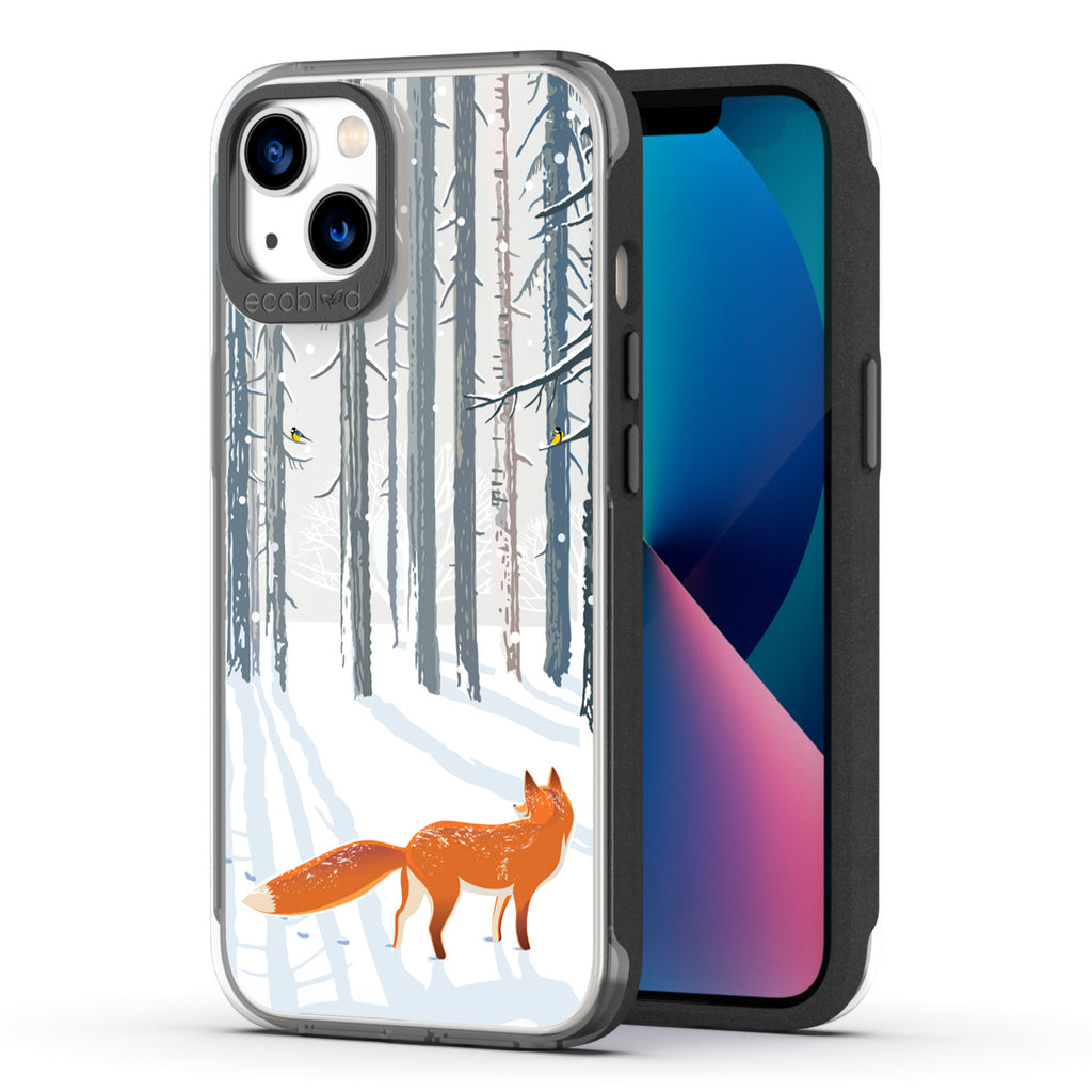 Back View Of Black Compostable iPhone 13 Clear Case With The Fox Trot In The Snow Design & Front View Of Screen