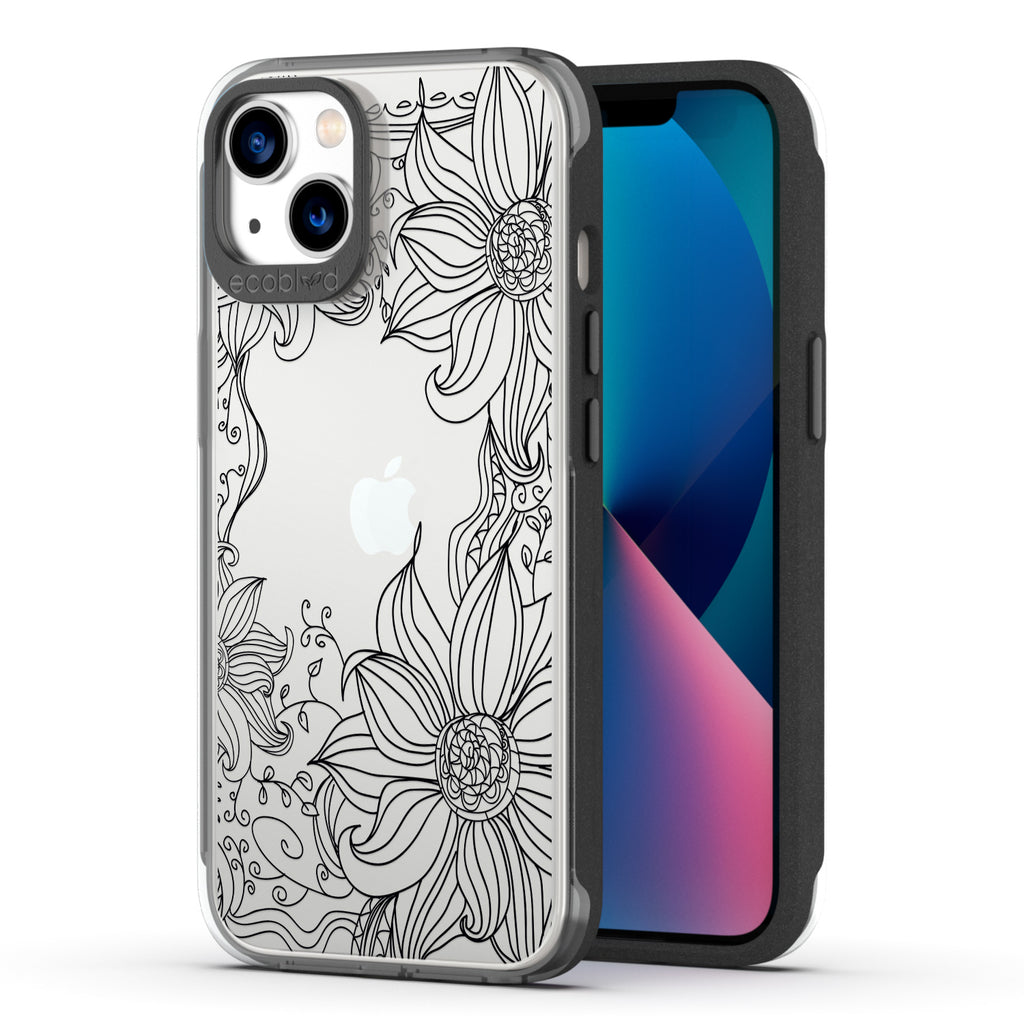 Back View Of Black Compostable iPhone 13 Laguna Case With The Flower Stencil Design & Front View Of The Screen