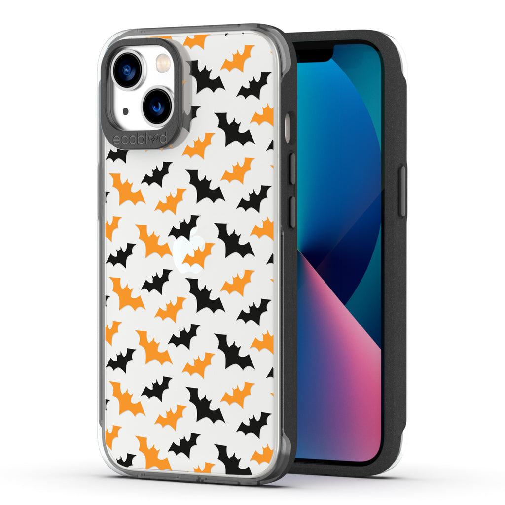 Back View Of Black iPhone 13 Halloween Laguna Case With The Going Batty Design & Front View Of The Screen