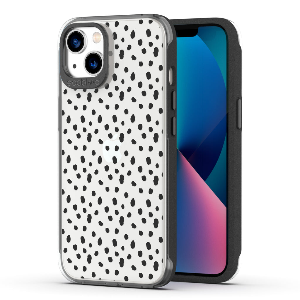 Back View Of Eco-Friendly Black iPhone 13 Timeless Laguna Case With On The Dot Design & Front View Of Screen