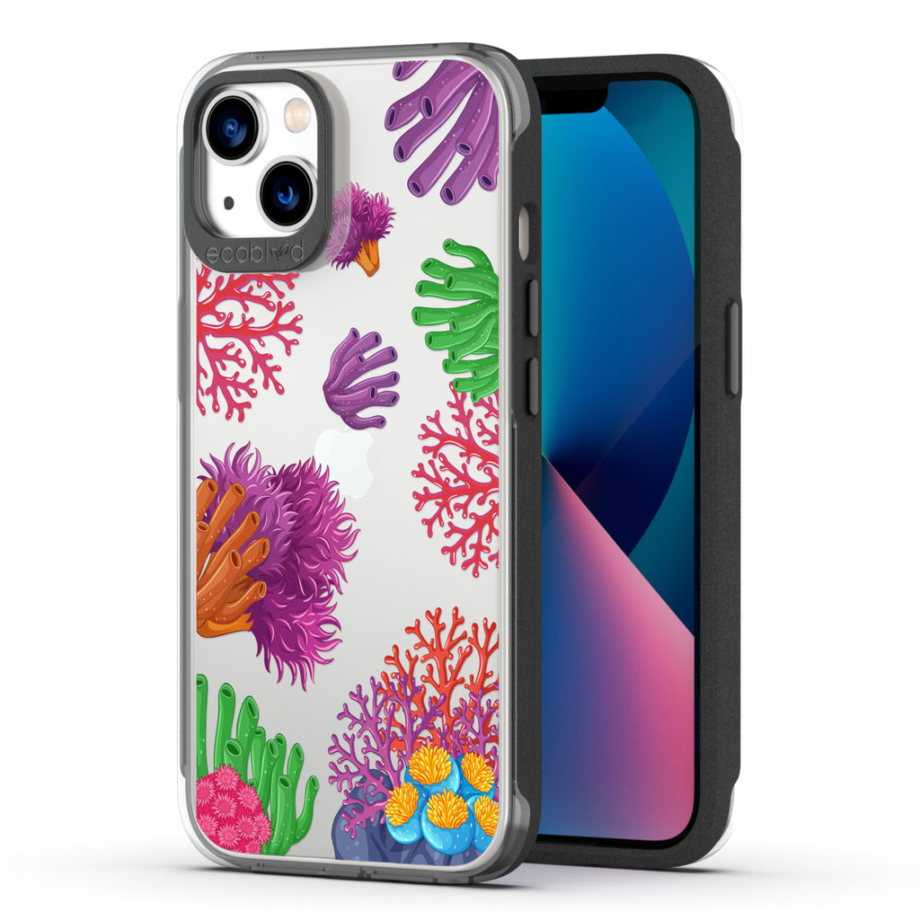 Back View Of Black Compostable iPhone 13 Laguna Case With The Coral Reef Design & Front View Of The Screen