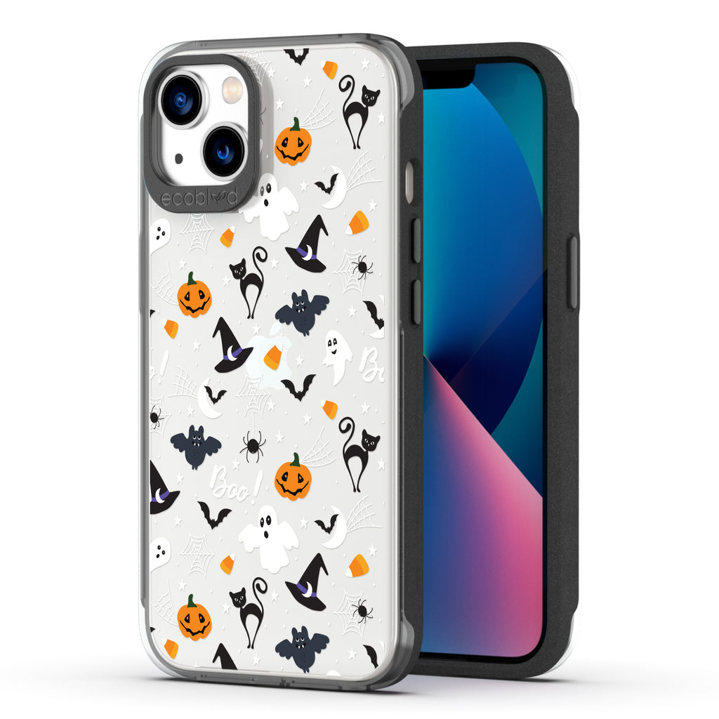 Back View Of Black Laguna Halloween iPhone 13 Case With The Trick R' Treat Ya Self Design & Front View Of The Screen
