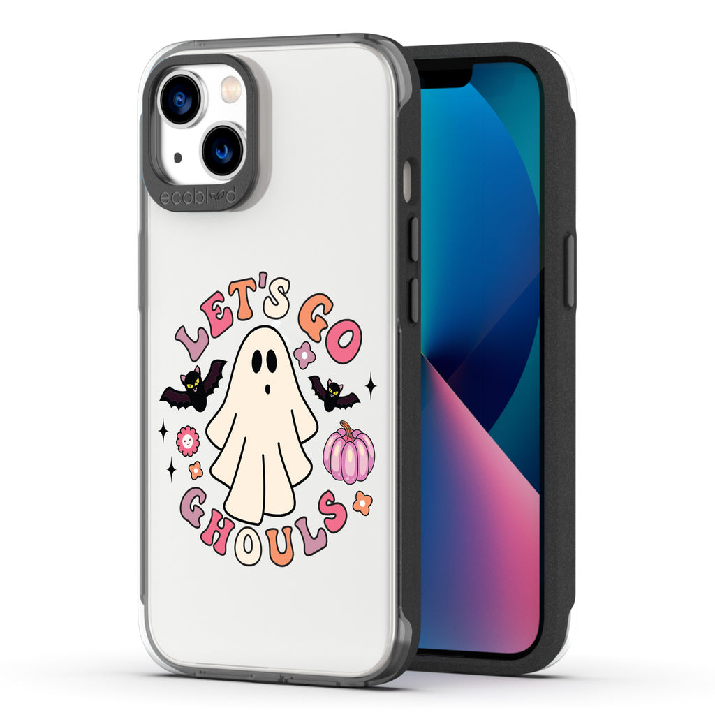 Back View Of The Black Laguna Halloween iPhone 13 Case With The Let's Go Ghouls Design & Front View Of The Screen