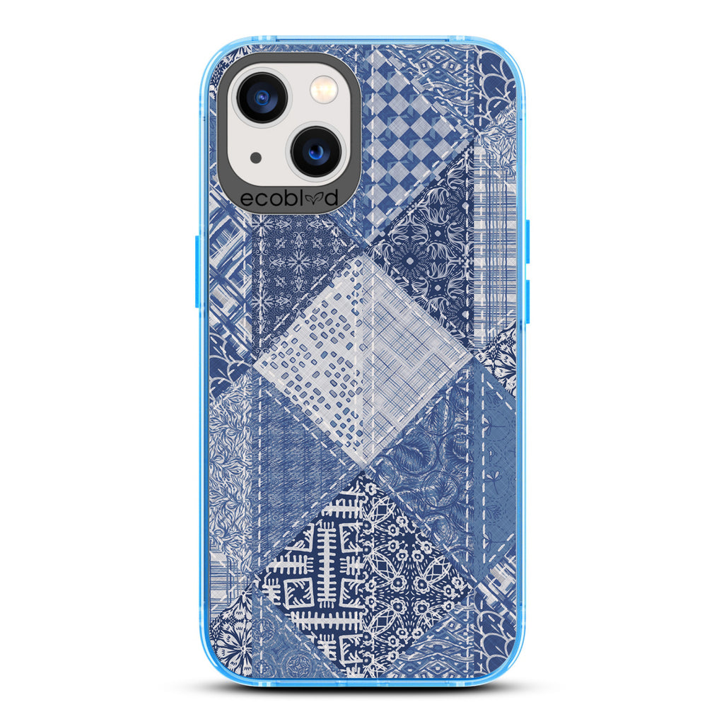 Spring Collection - Blue Compostable iPhone 13 Case - Patchwork Blue Denim With Paisley Patches On A Clear Back