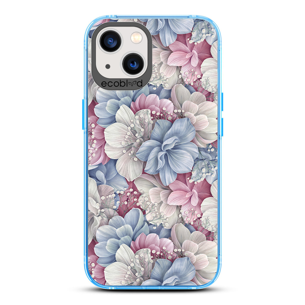 Spring Collection - Blue Compostable iPhone 13 Case - Dewey Pastel-Colored Watercolor Hydrangeas On A Clear Back