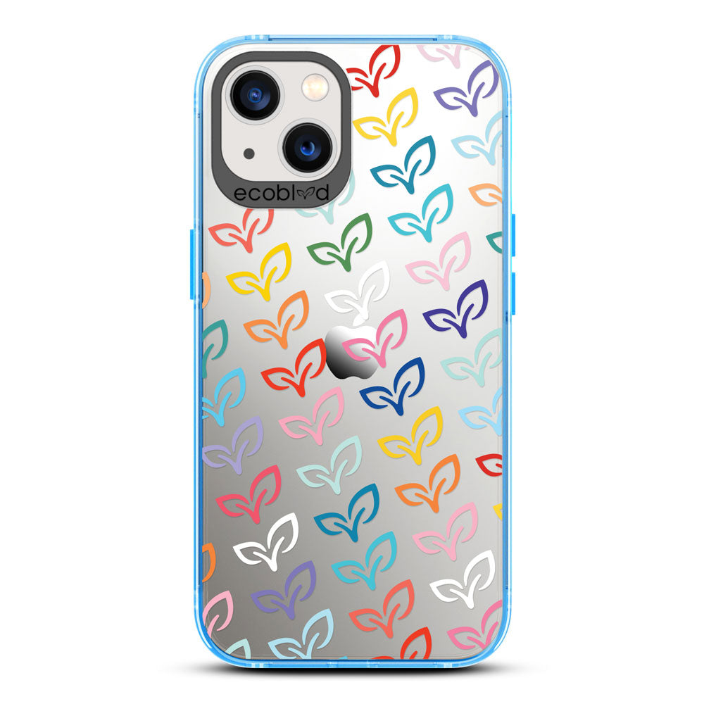 Laguna Collection - Blue iPhone 13 Case With Colorful V-Leaf Monogram Print On A Clear Back - 6FT Drop Protection