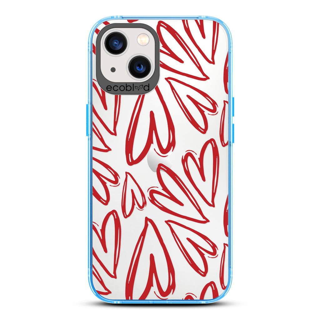  Love Collection - Blue Compostable iPhone 13 Case - Painted / Sketched Red Hearts On A Clear Back