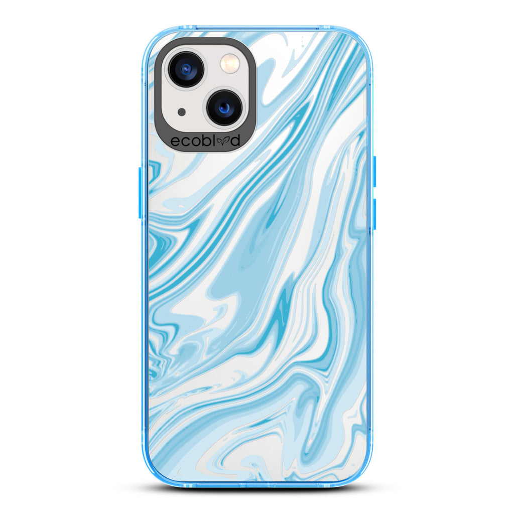 Timeless Collection - Blue Laguna Compostable iPhone 13 Case With Marble Swirls On a Clear Back