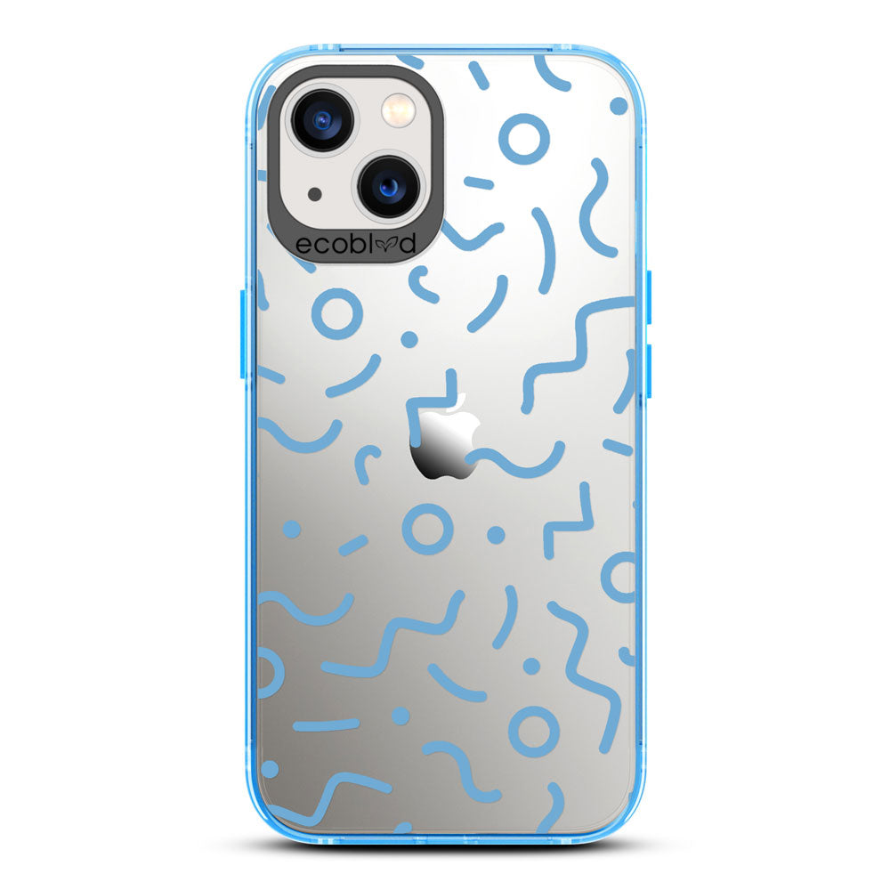 90's Kids - Blue Eco-Friendly iPhone 13 Case with Retro 90's Lines & Squiggles On A Clear Back