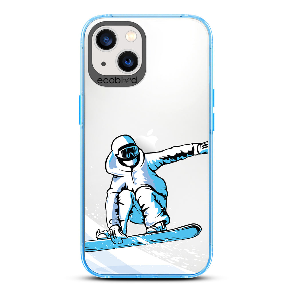 Back View Of Blue Compostable iPhone 13 Clear Case With The Shreddin' The Gnar Design & Front View Of Screen