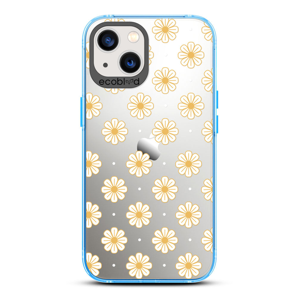 Laguna Collection - Blue Eco-Friendly iPhone 13 Case With White Floral Pattern Daisies & Dots On A Clear Back - Compostable