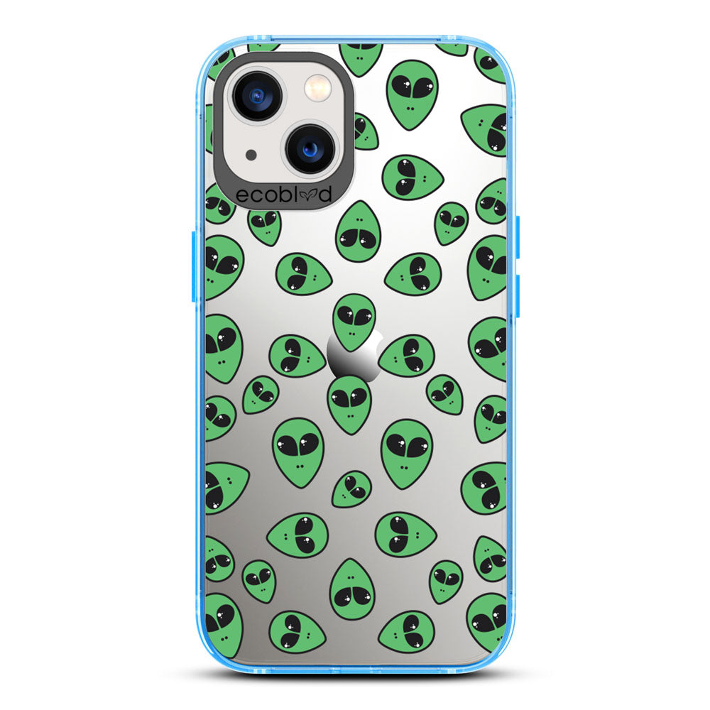 Laguna Collection - Blue Eco-Friendly iPhone 13 Case With Green Cartoon Alien Heads On A Clear Back - Compostable