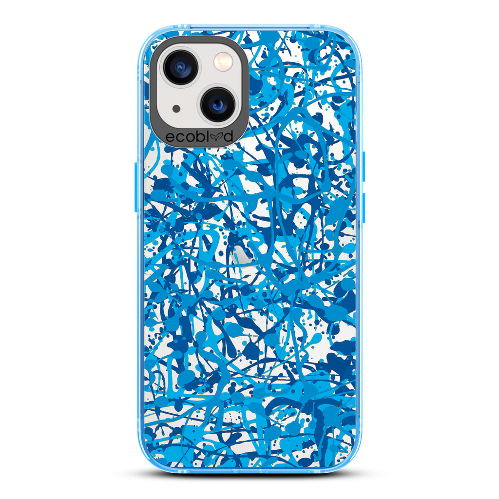 Contemporary Collection - Blue Compostable iPhone 13 Case - Abstract Pollock-Style Painting On A Clear Back