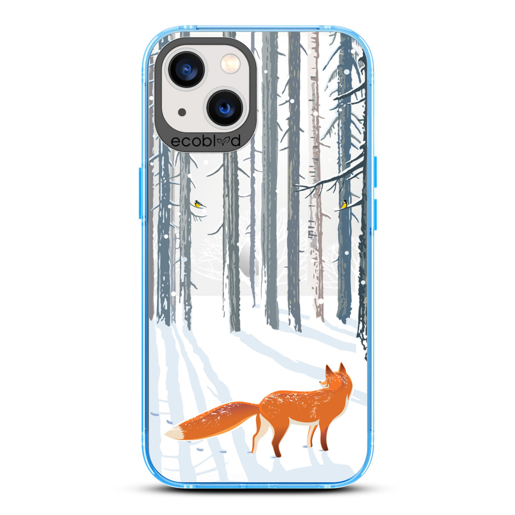 Winter Collection - Blue Eco-Friendly iPhone 13 Case - Orange Fox Trails Pawprints In Snowy Woods On A Clear Back