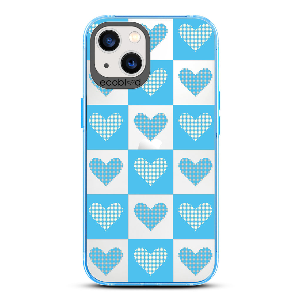 Love Collection - Blue Compostable iPhone 13 Case - Blue Checkered Print With Knitted Hearts On A Clear Back