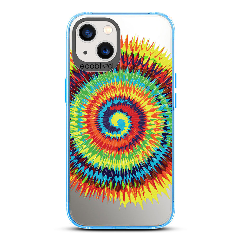 Laguna Collection - Blue iPhone 13 Case With A Retro Rainbow Tie Dye Print On A Clear Back - 6FT Drop Protection