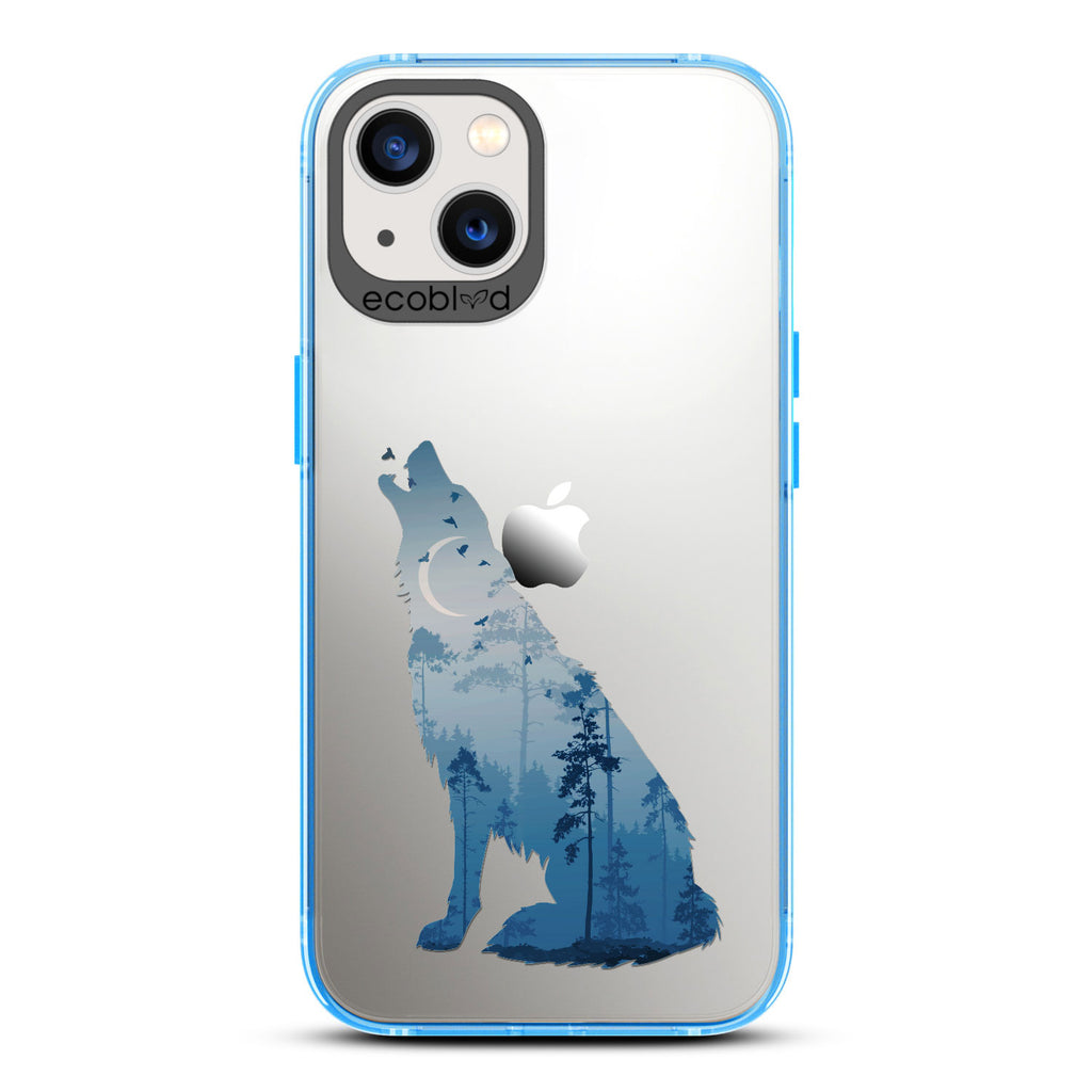 Laguna Collection - Blue Eco-Friendly iPhone 13 Case With A Howling Wolf And Moonlit Woodlands Print On A Clear Back